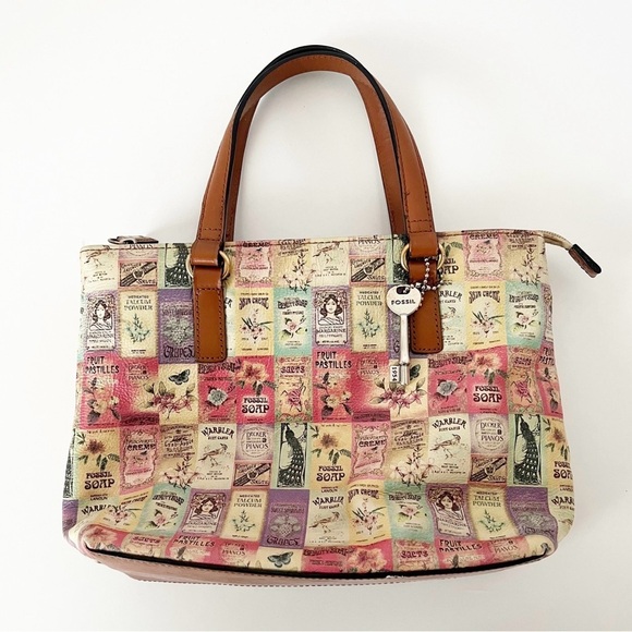 Vintage Fossil Small Leather Tote Soap Labels Print Double Strap Zip Pockets - Picture 2 of 14